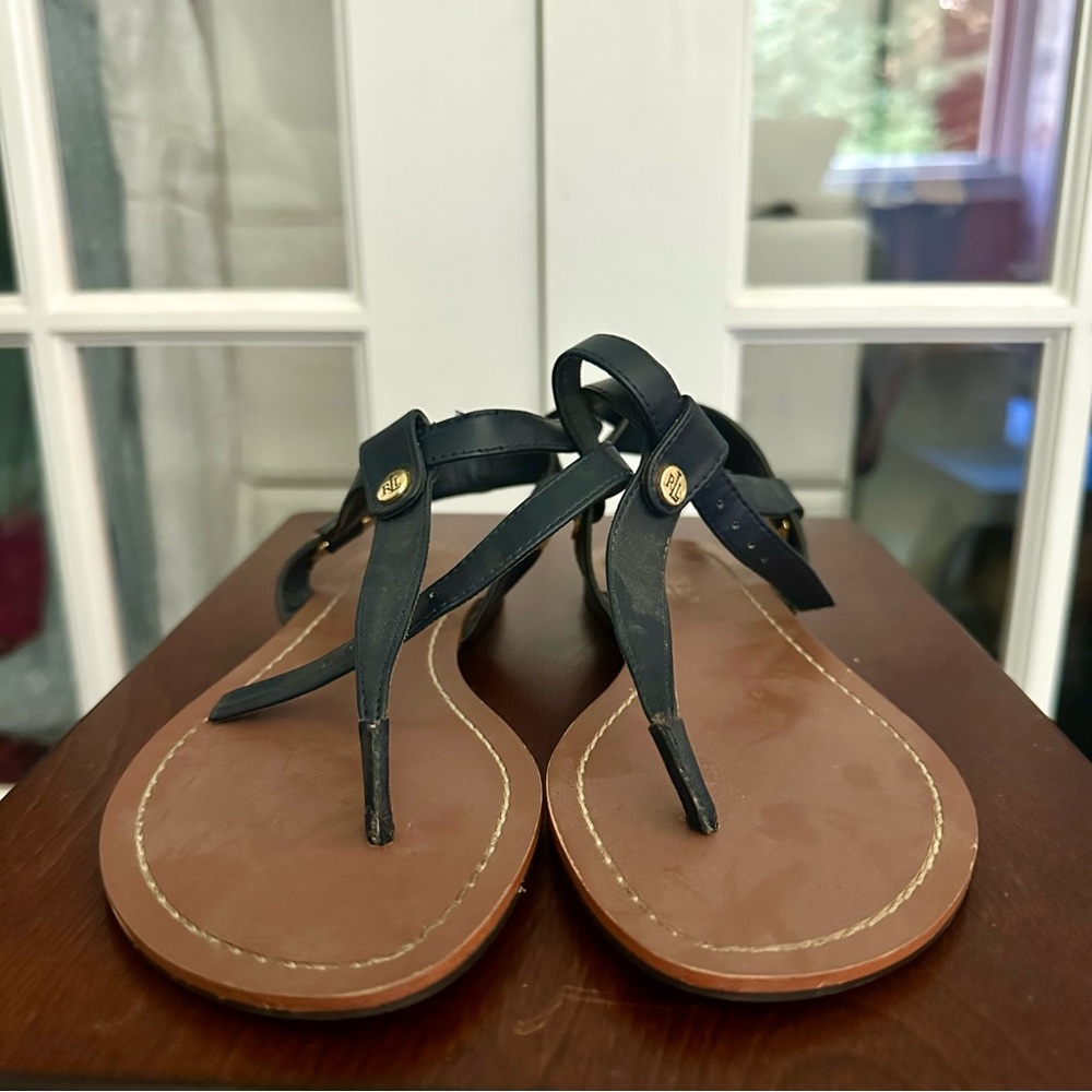 Ralph Lauren Navy Sandals with Ankle Strap and Gold Logo Detail Size 6.5
